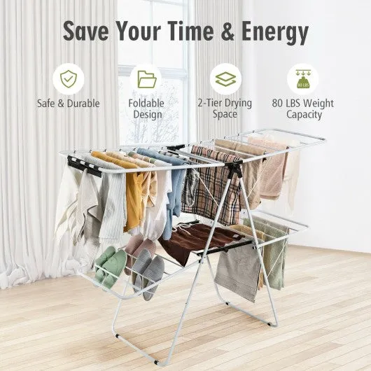 2-Level Foldable Clothes Drying with Height-Adjustable Gullwing