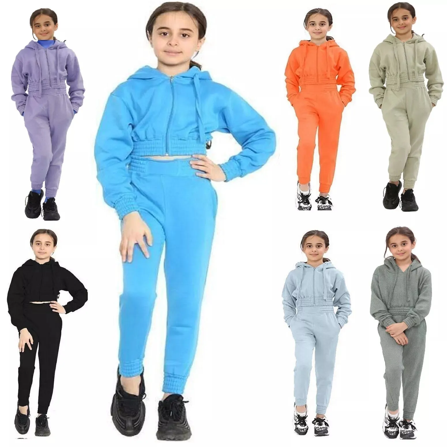 2 Pcs Girls Kids Crop Hoodie Tracksuit Set Top Joggers Jogging Suit Lounge Wear