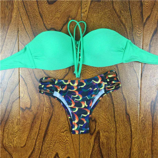 2017 Summer Style Floral Print Women Bikinis Set Crochet Lace Swimsuit Strapless Push Up Bandeau Biquinis Beachwear Bathing Suit