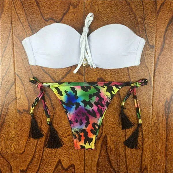 2017 Summer Style Floral Print Women Bikinis Set Crochet Lace Swimsuit Strapless Push Up Bandeau Biquinis Beachwear Bathing Suit