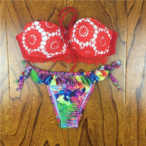 2017 Summer Style Floral Print Women Bikinis Set Crochet Lace Swimsuit Strapless Push Up Bandeau Biquinis Beachwear Bathing Suit