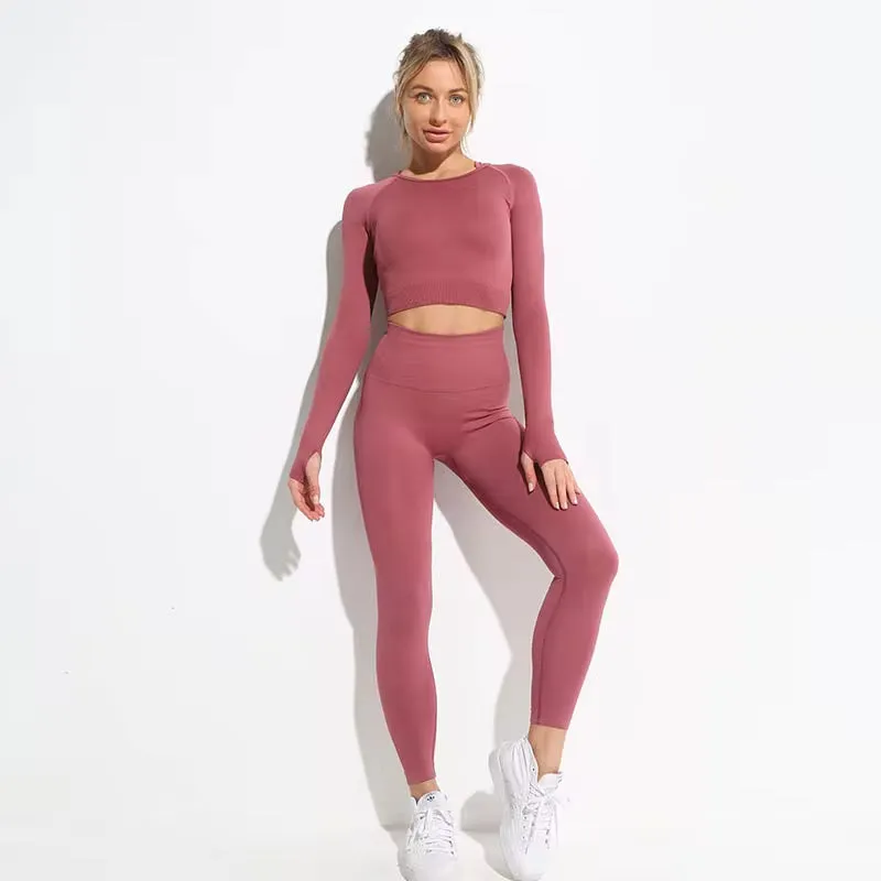 2Pcs Seamless Hyperflex Workout Sport Outfits for Women Sportswear Athletic Clothes Gym Long Sleeve Crop Top High Waist Leggings