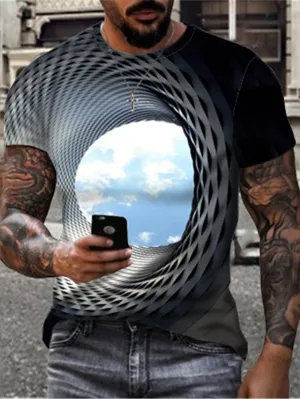 3D Clouds Illusion Men's Tee | Blue Geometric Summer Shirt | Round Neck Cotton Street Fashion