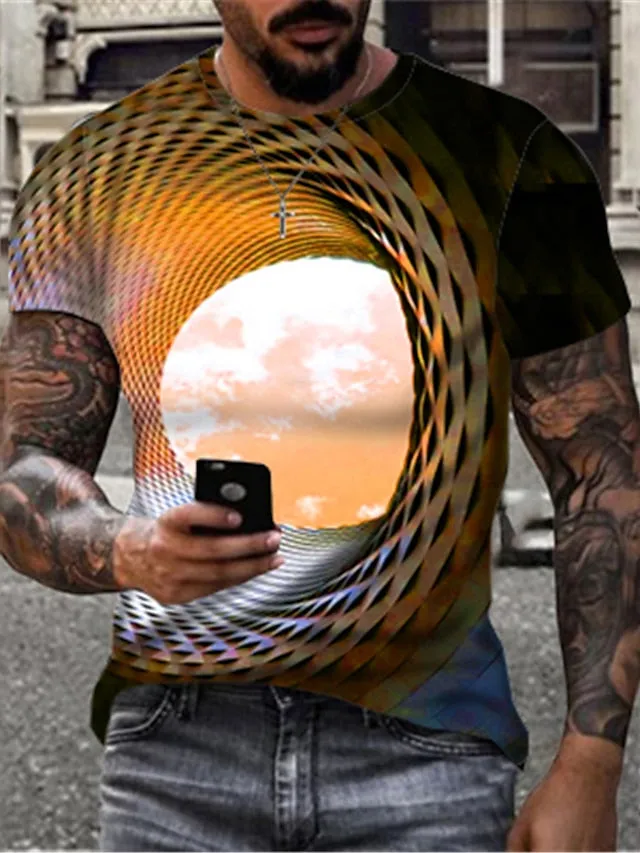 3D Clouds Illusion Men's Tee | Blue Geometric Summer Shirt | Round Neck Cotton Street Fashion