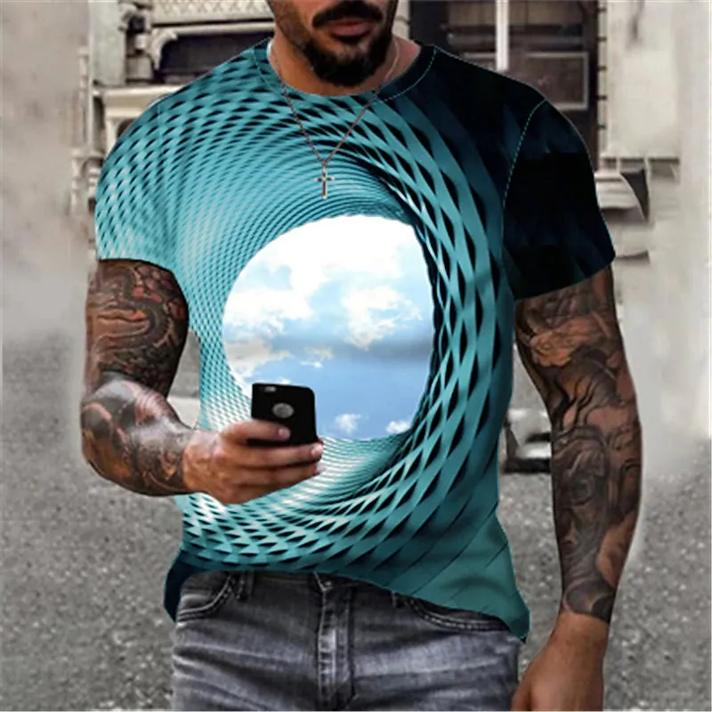 3D Clouds Illusion Men's Tee | Blue Geometric Summer Shirt | Round Neck Cotton Street Fashion