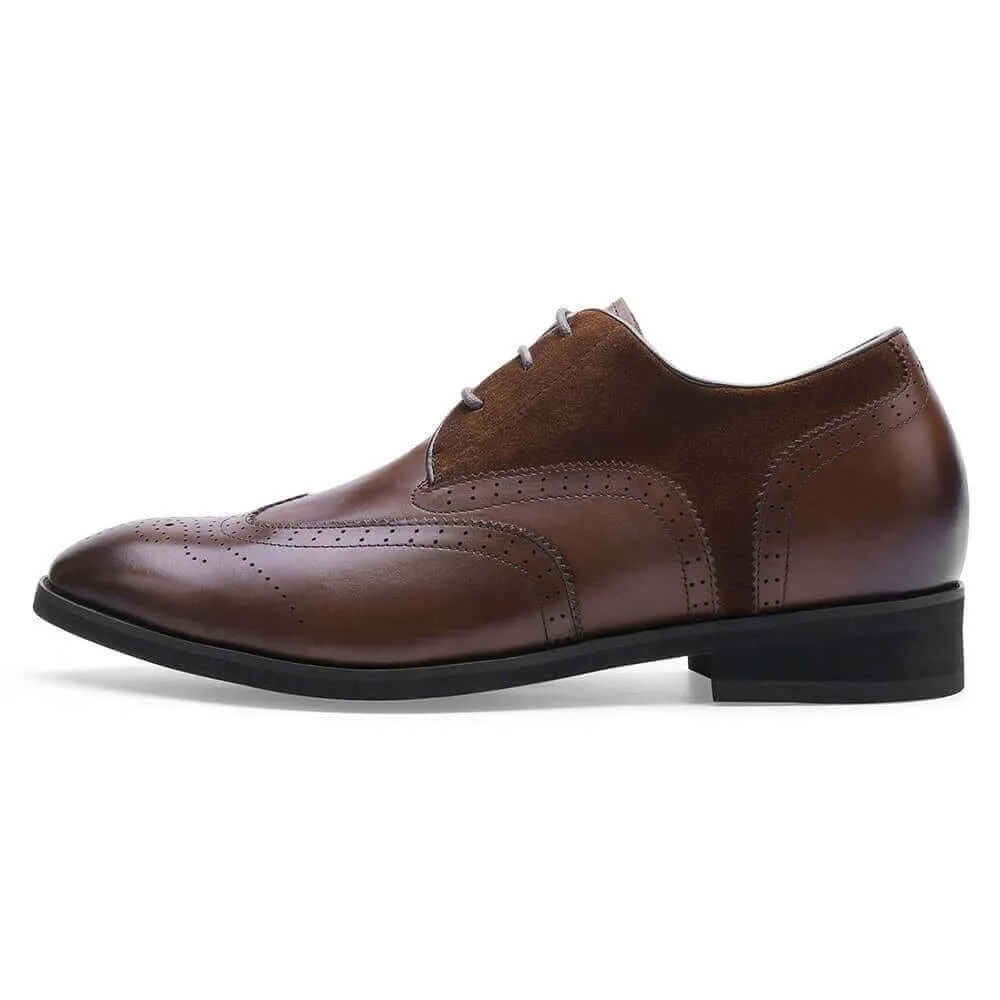 7CM / 2.76 Inches - CMR CHAMARIPA Men's Raised Heel Shoes - Elevator Dress Shoes - Brown Leather Business Derby Shoes