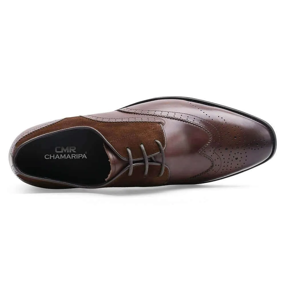 7CM / 2.76 Inches - CMR CHAMARIPA Men's Raised Heel Shoes - Elevator Dress Shoes - Brown Leather Business Derby Shoes