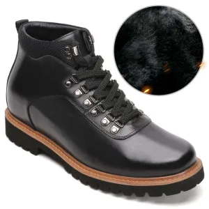 8CM / 3.15 Inches - CMR CHAMARIPA  Men's Height Increasing Boots Black Leather Lace Up Boots Fur Lined Winter Boots