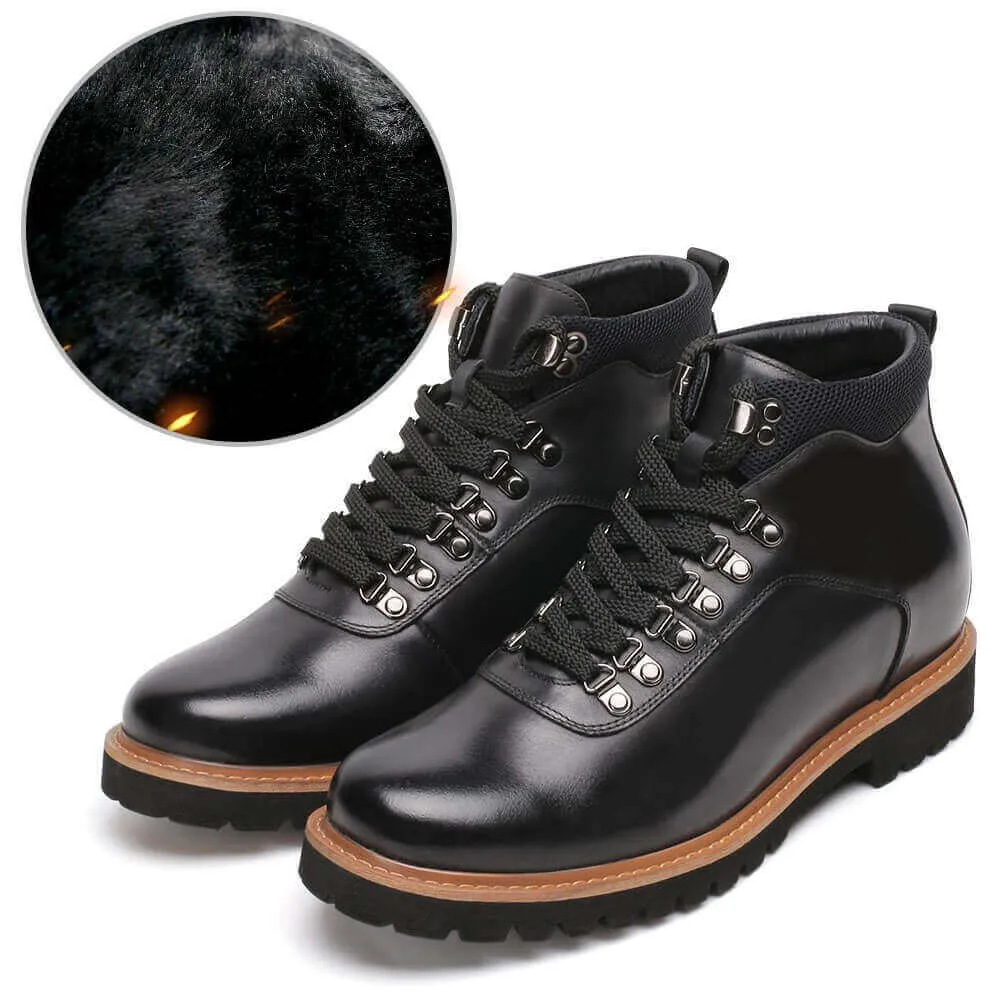 8CM / 3.15 Inches - CMR CHAMARIPA  Men's Height Increasing Boots Black Leather Lace Up Boots Fur Lined Winter Boots