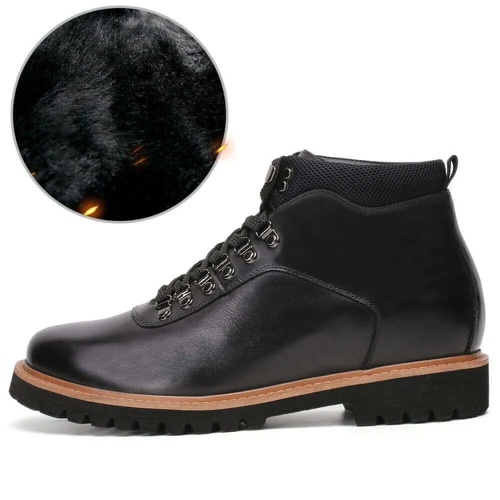 8CM / 3.15 Inches - CMR CHAMARIPA  Men's Height Increasing Boots Black Leather Lace Up Boots Fur Lined Winter Boots