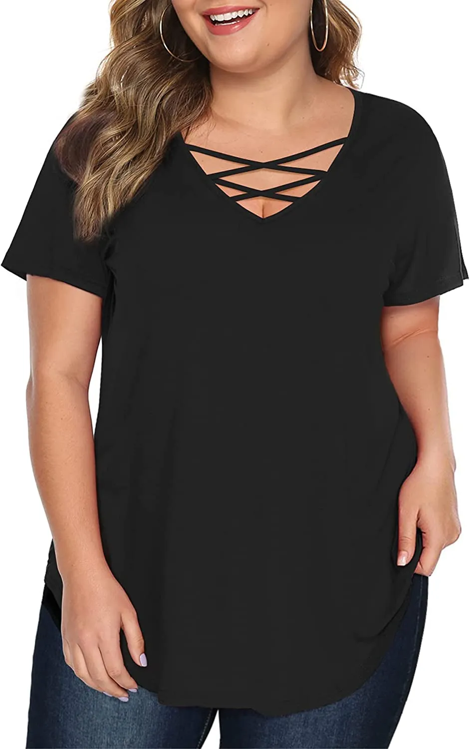 Amoretu Women's Plus Size Tops Short Sleeve Criss Cross V Neck T-Shirt