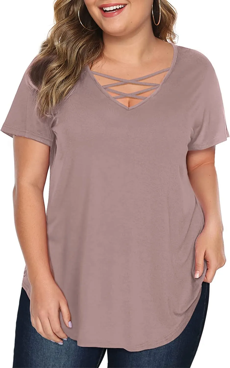 Amoretu Women's Plus Size Tops Short Sleeve Criss Cross V Neck T-Shirt