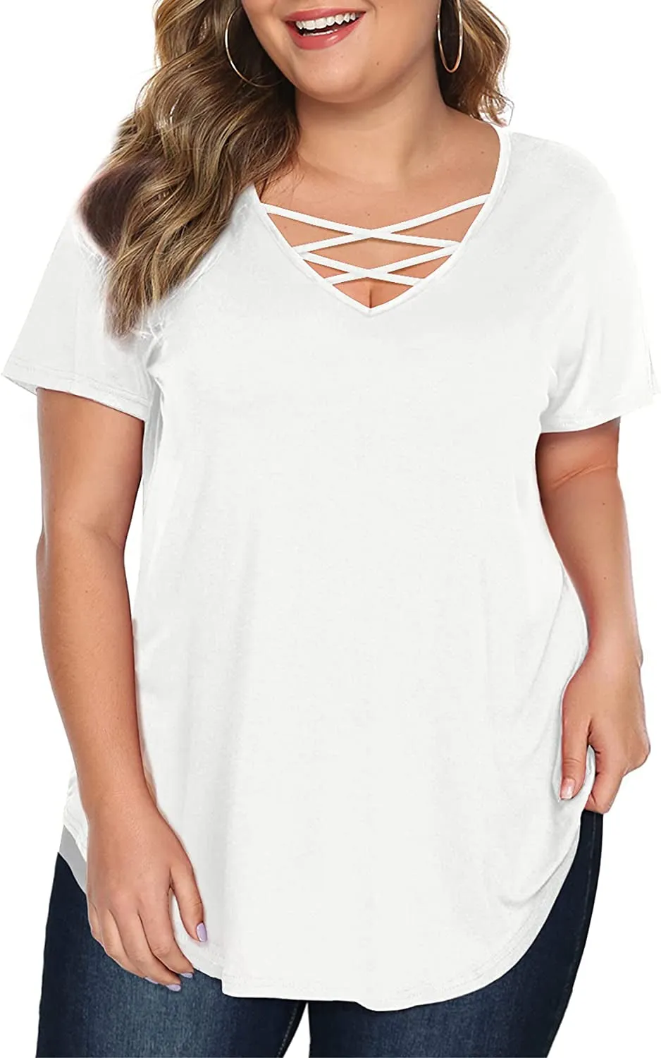 Amoretu Women's Plus Size Tops Short Sleeve Criss Cross V Neck T-Shirt