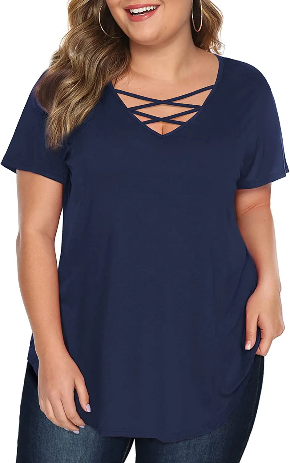 Amoretu Women's Plus Size Tops Short Sleeve Criss Cross V Neck T-Shirt