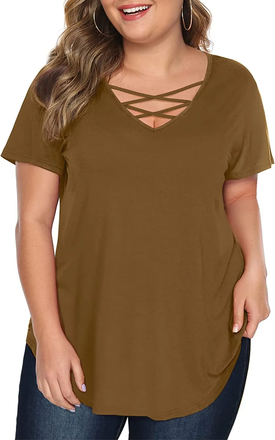 Amoretu Women's Plus Size Tops Short Sleeve Criss Cross V Neck T-Shirt