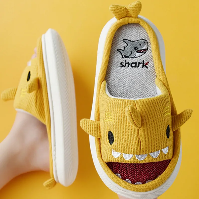 Amozae--Christmas Gift 2024 Linen Cotton Slippers Thicked Soled Platform Outdoor Slippers  Cute Cartoon Shark Shape Indoor Slippers Designer For Couple