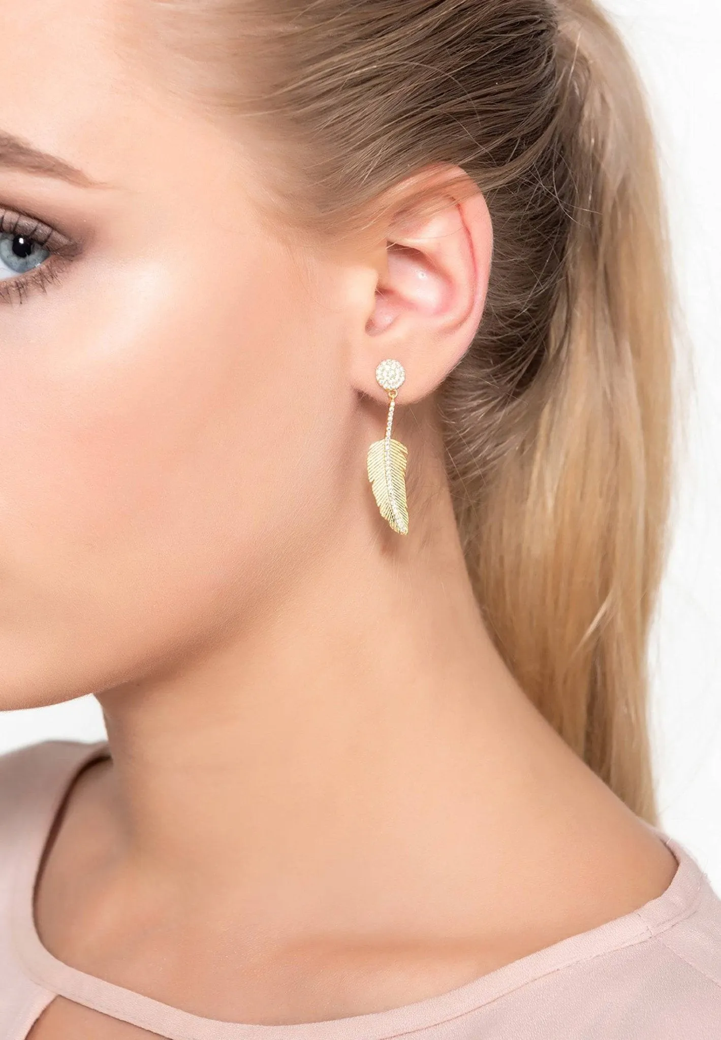 Angelic Feather Drop Earrings Gold