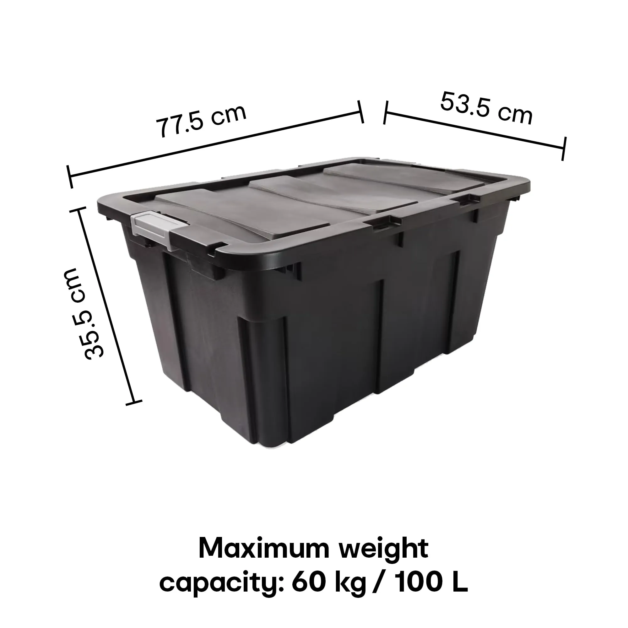 Anko 100L Heavy Duty Storage Container- Set of 2 |Multipurpose Plastic Storage Box with Lid|Leakproof & Dustproof Stackable Storage Organiser |35.5cm (H) x 77.5cm (W) x 53.5cm (D)- Black| Pack of 2