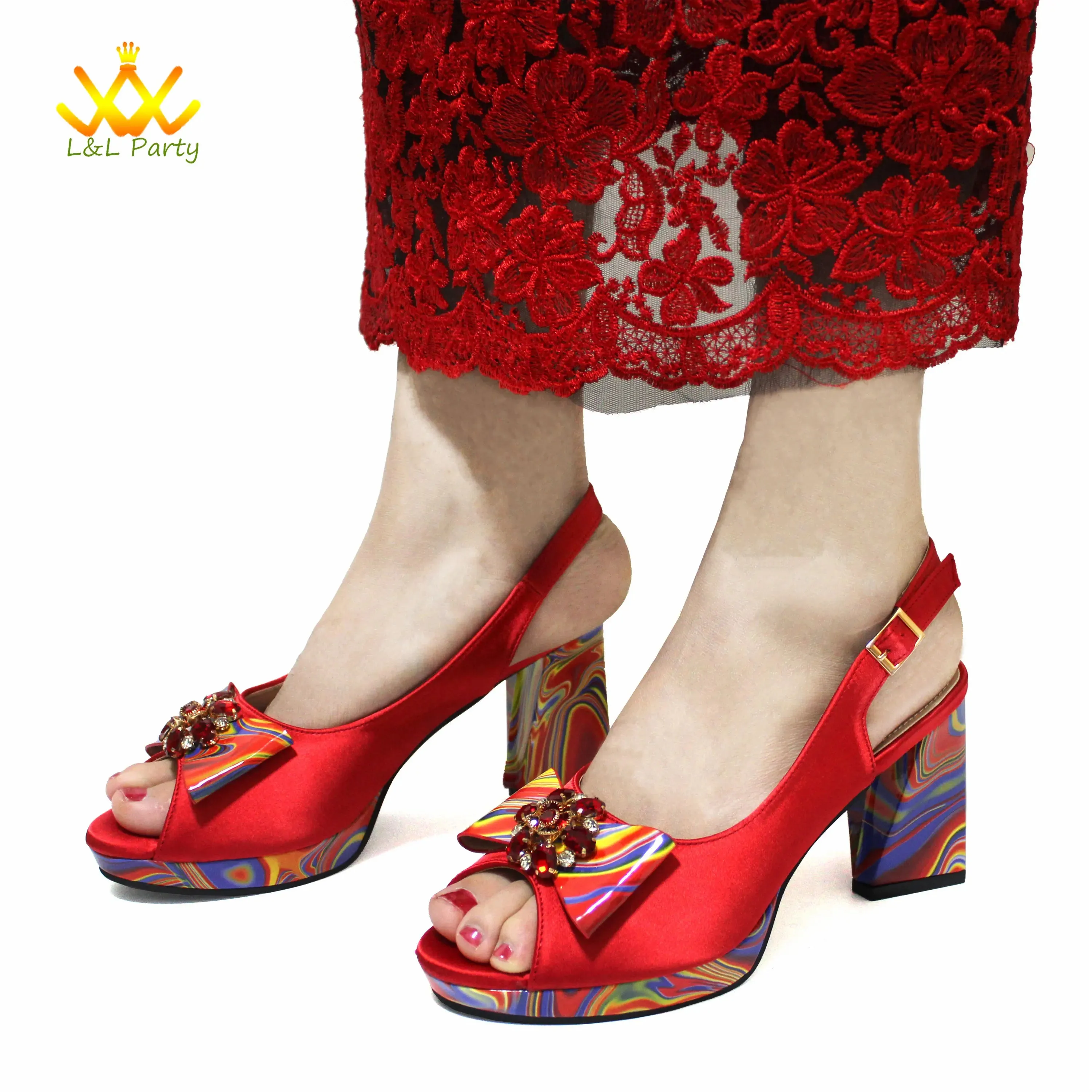 Appliques Specials Italian Design Nigerian Women Shoes Matching Bag Set in Red Color INS Hot Sale Sandals