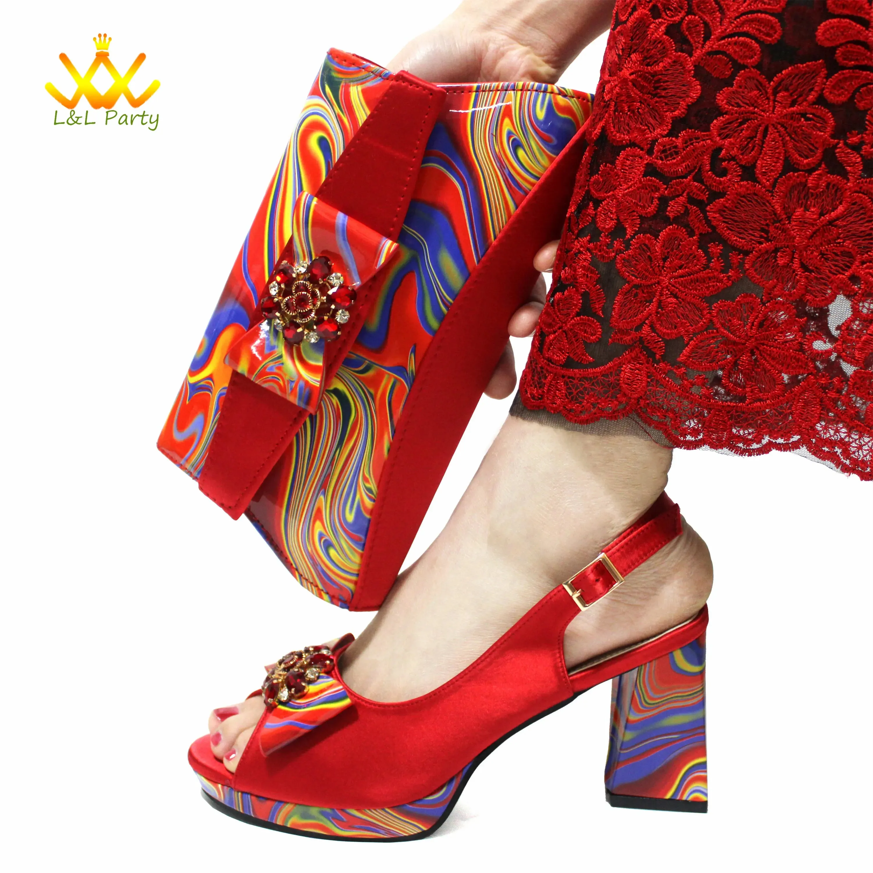 Appliques Specials Italian Design Nigerian Women Shoes Matching Bag Set in Red Color INS Hot Sale Sandals