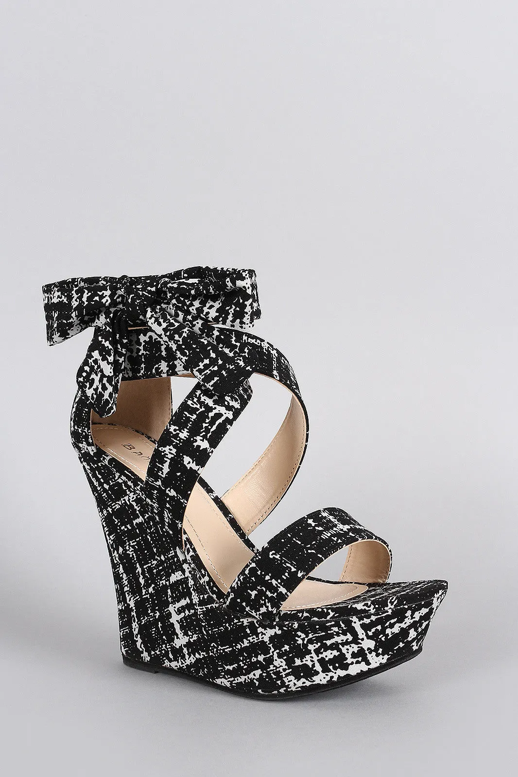 Bamboo Abstract Print Side Bow Crisscross Open Toe Platform Wedge