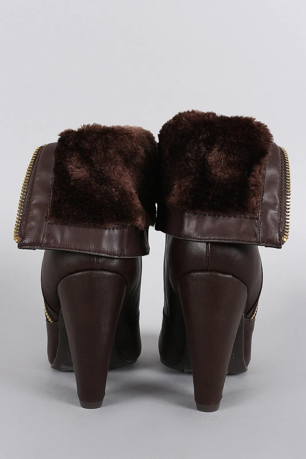 Bamboo Faux Fur Cuff Buckle Strap Heeled Ankle Boots