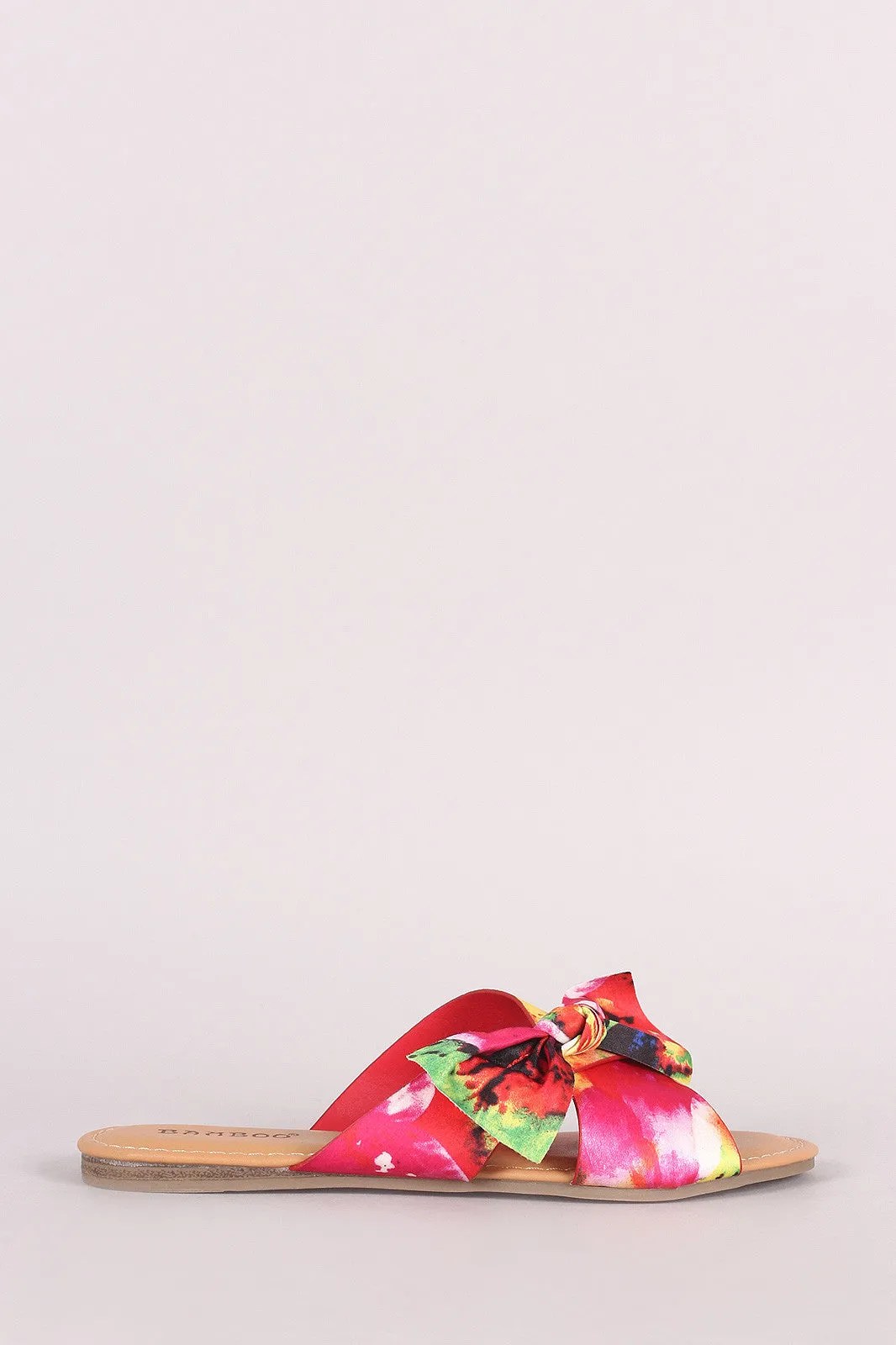 Bamboo Floral Satin Crisscross Bow Slide Sandal