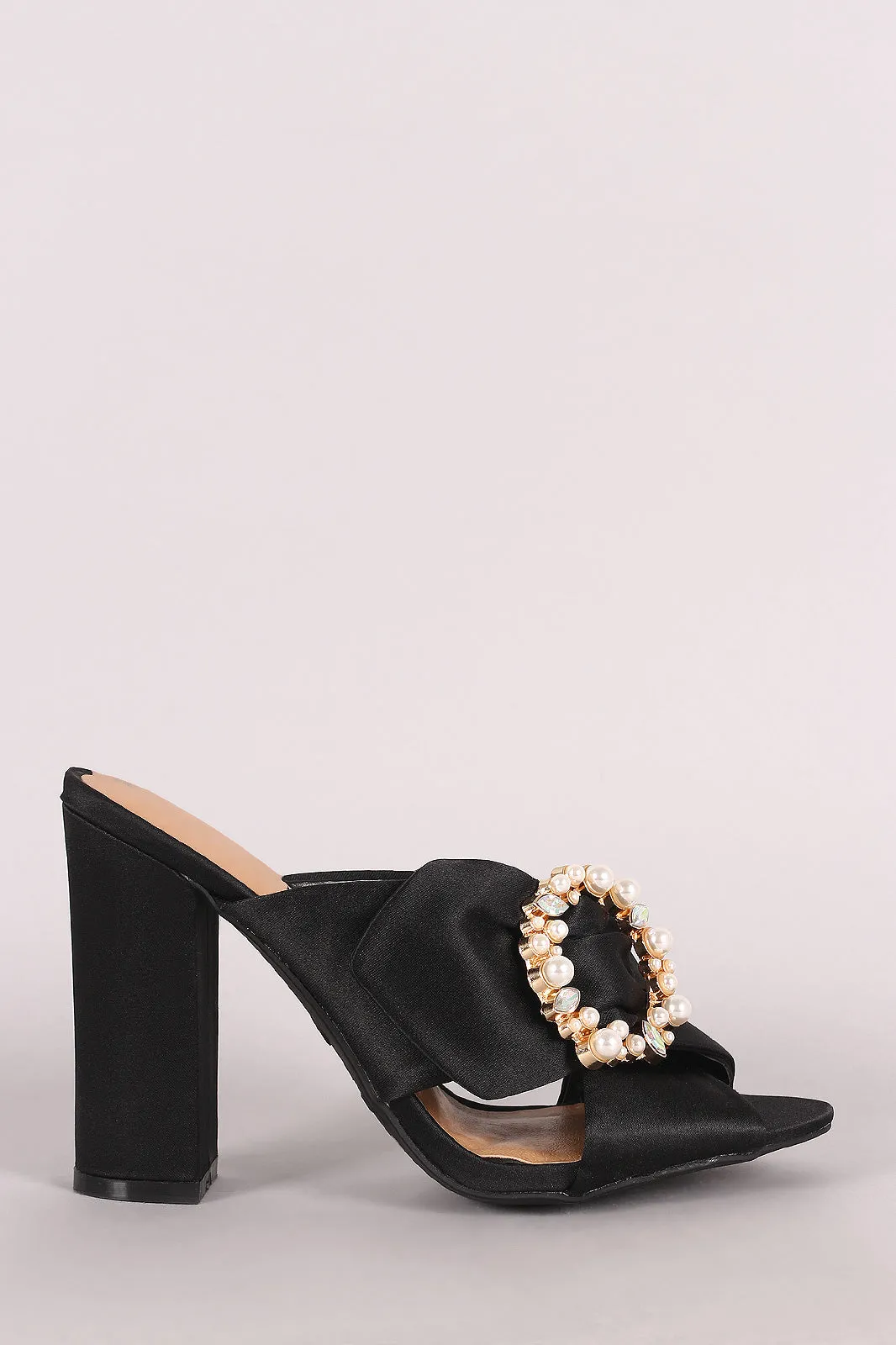 Bamboo Satin Faux Pearl Embellished Buckle Mule Heel