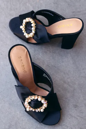 Bamboo Satin Faux Pearl Embellished Buckle Mule Heel