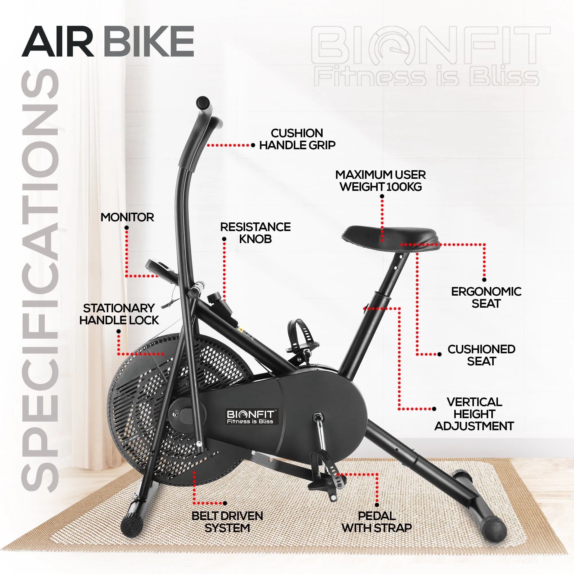 Bionfit ON01M 100kg Weight Capacity Moving Handle Air Bike - Low Impact, Full-Body Workout - 2 Year Warranty