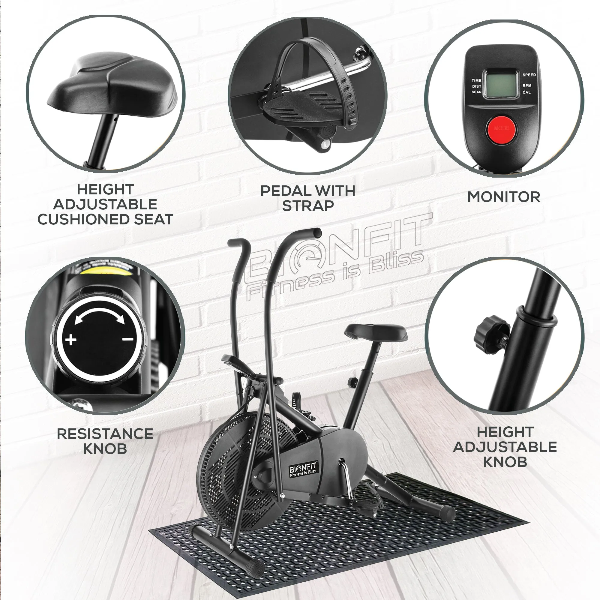 Bionfit ON01M 100kg Weight Capacity Moving Handle Air Bike - Low Impact, Full-Body Workout - 2 Year Warranty