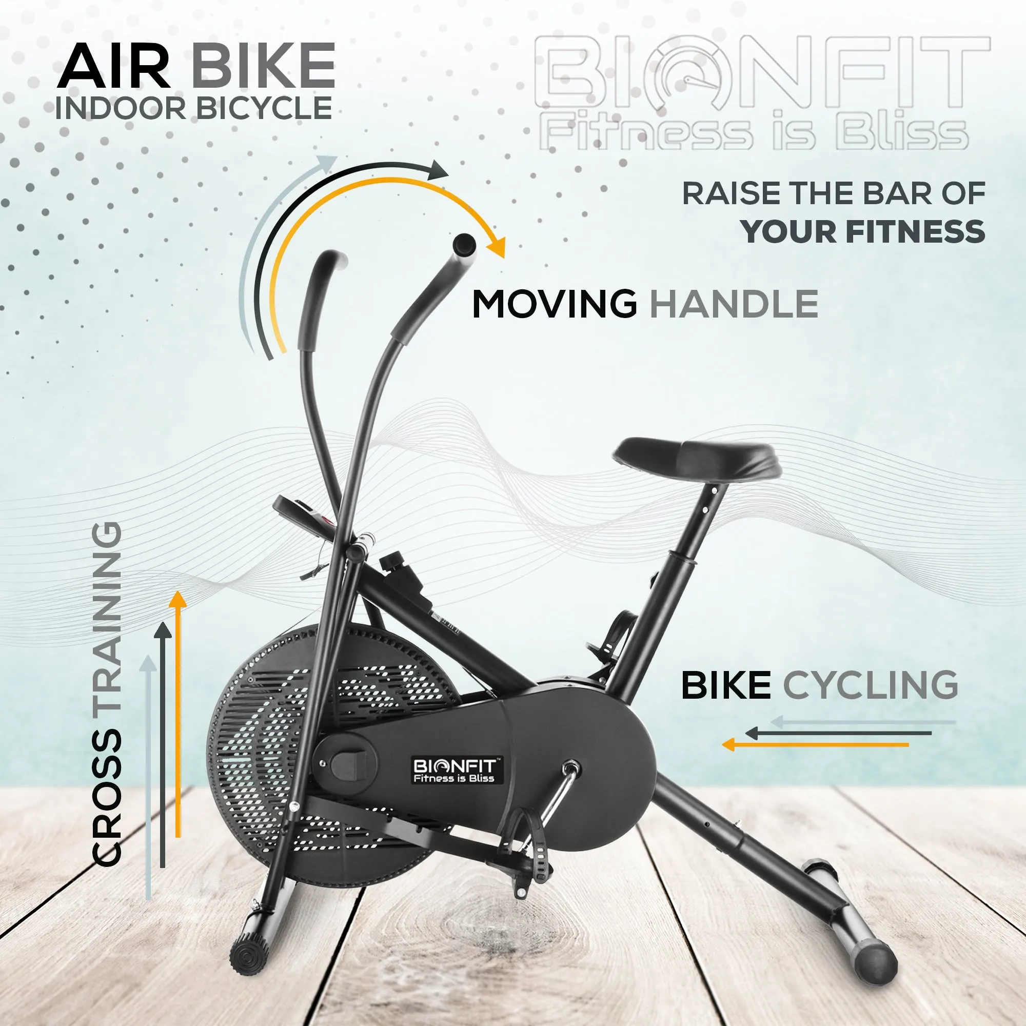 Bionfit ON01M 100kg Weight Capacity Moving Handle Air Bike - Low Impact, Full-Body Workout - 2 Year Warranty