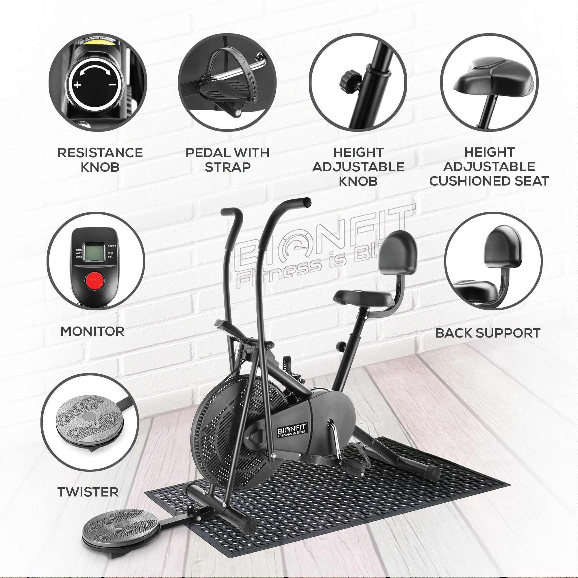 Bionfit ON04M Full-Body Workout Air Bike with Moving Handlebars, Back Support, and Twister - Durable and Adjustable for all Fitness Levels - 1 Year Warranty