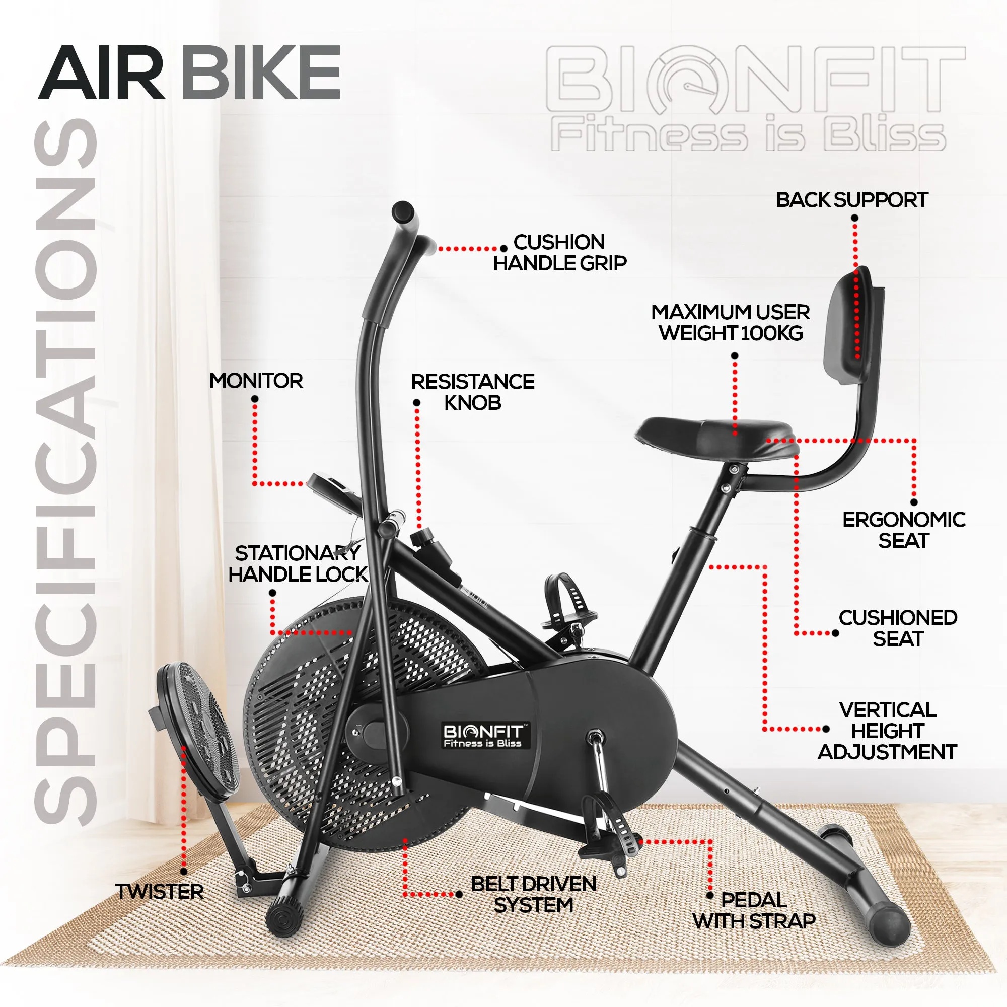 Bionfit ON04M Full-Body Workout Air Bike with Moving Handlebars, Back Support, and Twister - Durable and Adjustable for all Fitness Levels - 1 Year Warranty