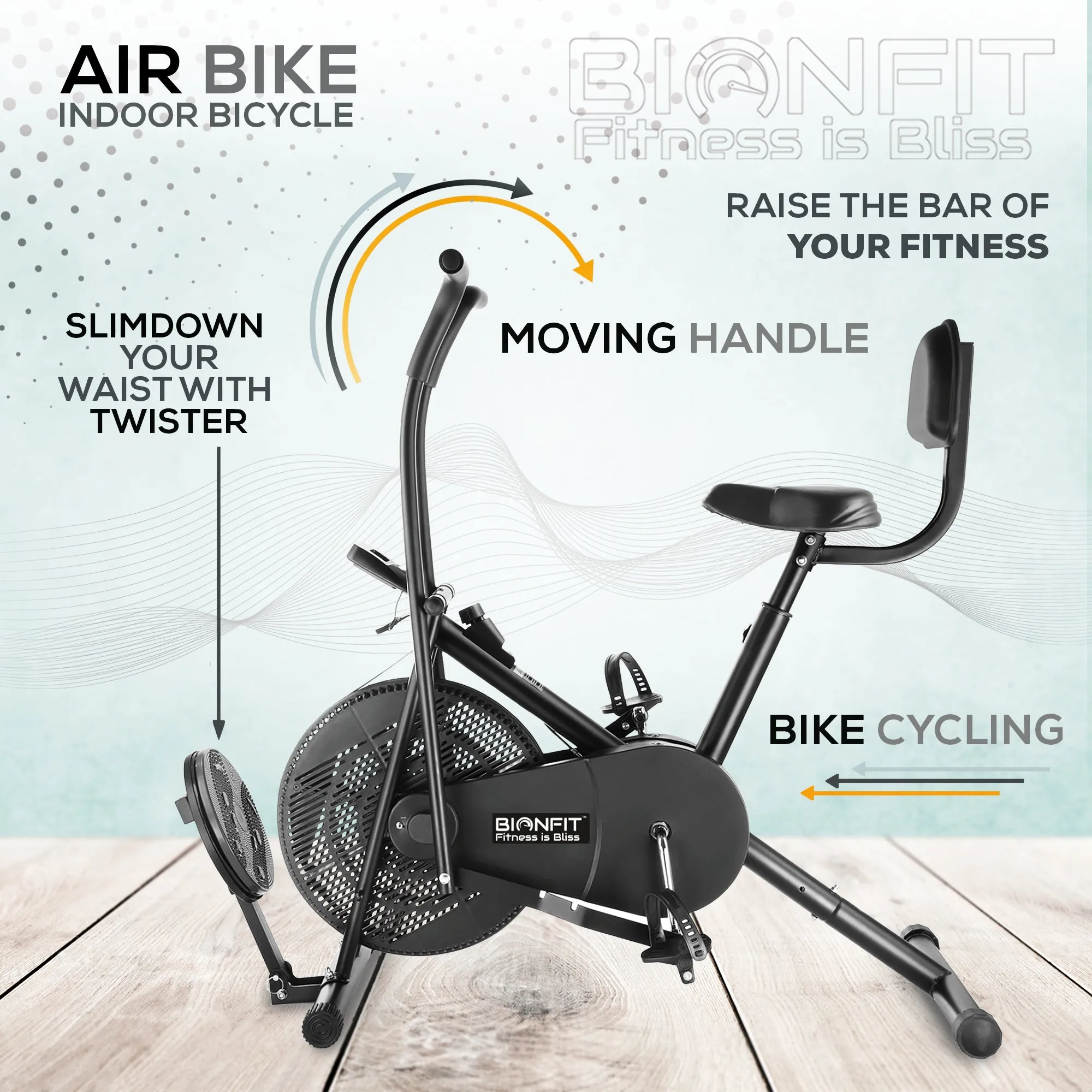 Bionfit ON04M Full-Body Workout Air Bike with Moving Handlebars, Back Support, and Twister - Durable and Adjustable for all Fitness Levels - 1 Year Warranty