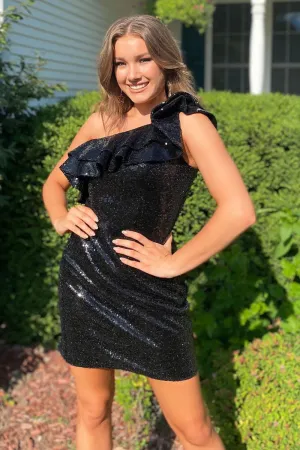 Black Sequins One Shoulder Homecoming Dress,Cocktail Dresses Short