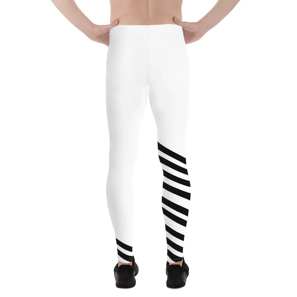 Black White Diagonal Striped Meggings, Men's Tights Meggings Activewear Tights-Made in USA/EU