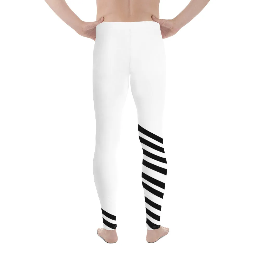 Black White Diagonal Striped Meggings, Men's Tights Meggings Activewear Tights-Made in USA/EU