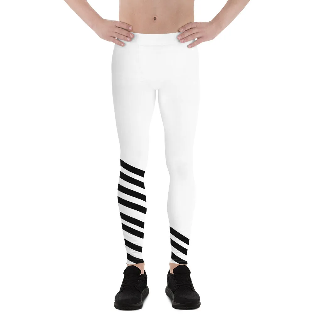 Black White Diagonal Striped Meggings, Men's Tights Meggings Activewear Tights-Made in USA/EU