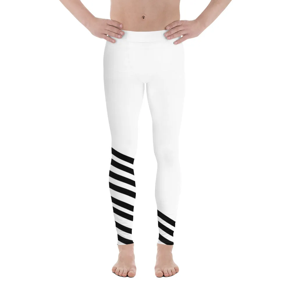 Black White Diagonal Striped Meggings, Men's Tights Meggings Activewear Tights-Made in USA/EU