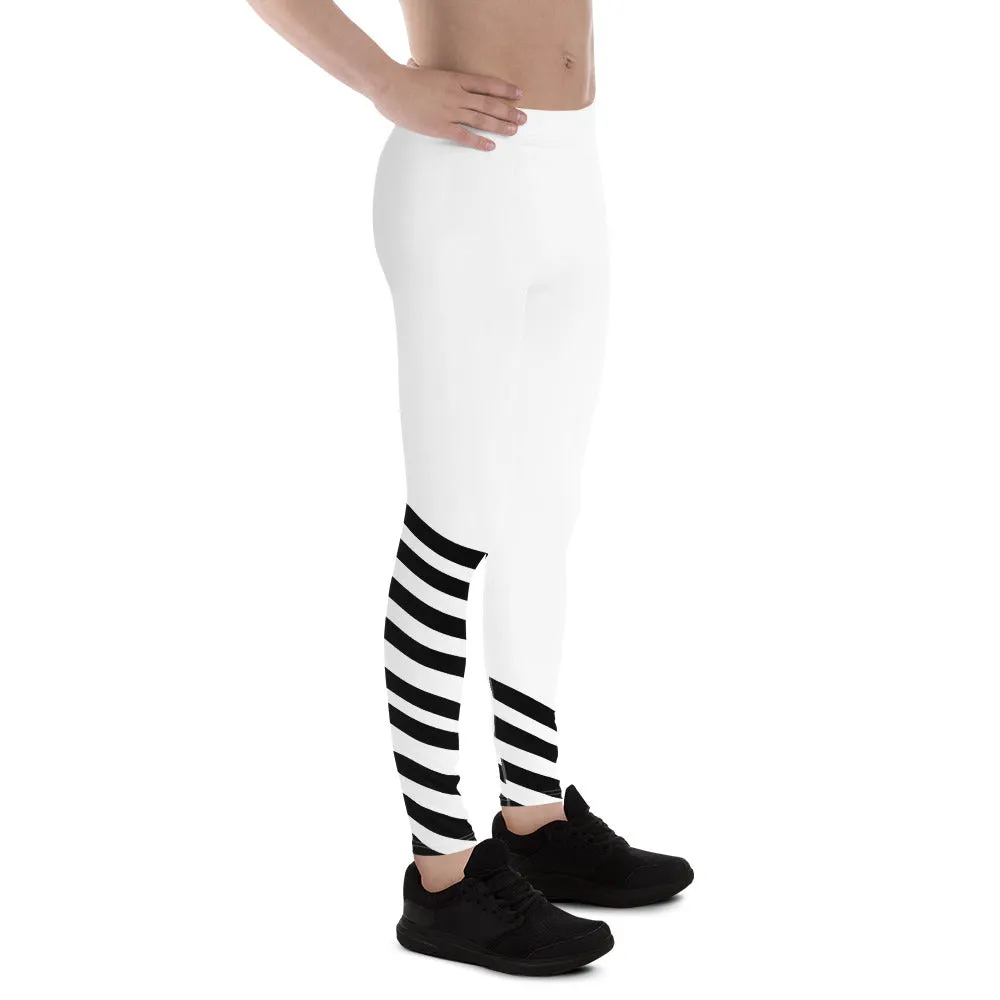 Black White Diagonal Striped Meggings, Men's Tights Meggings Activewear Tights-Made in USA/EU