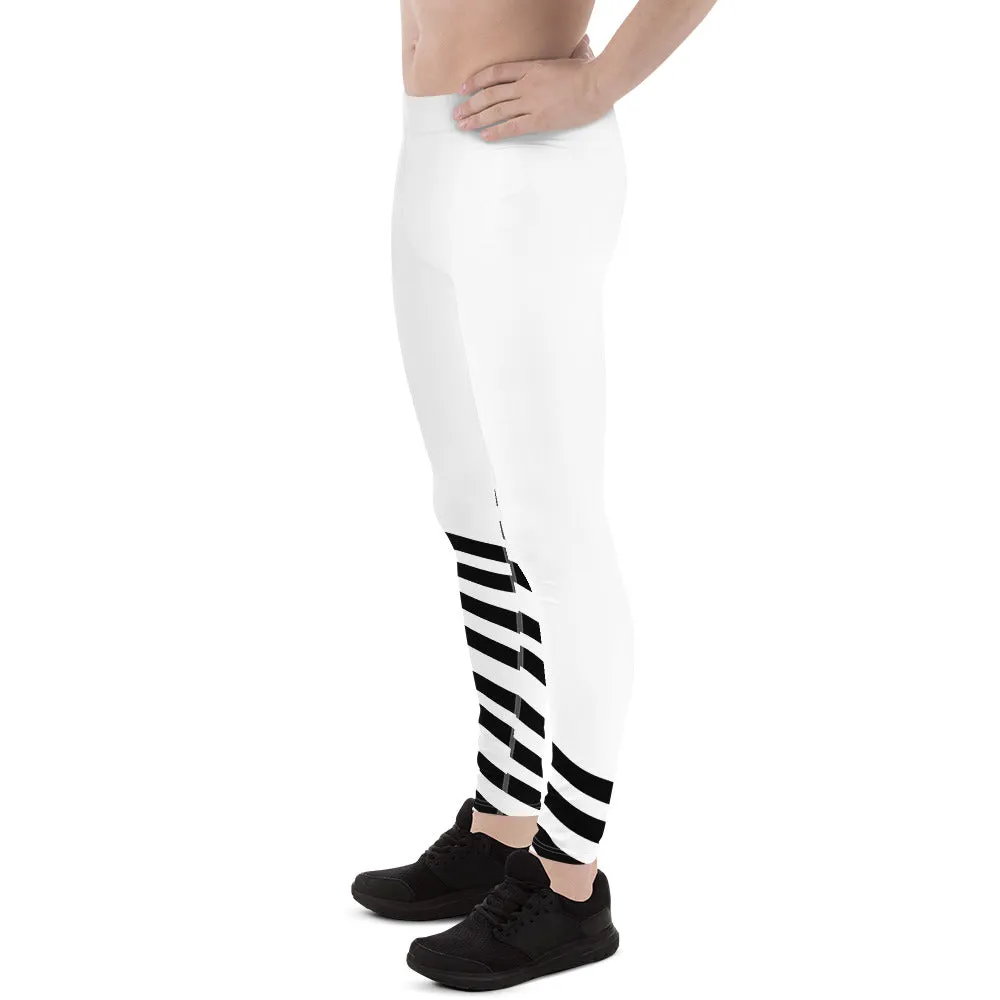 Black White Diagonal Striped Meggings, Men's Tights Meggings Activewear Tights-Made in USA/EU