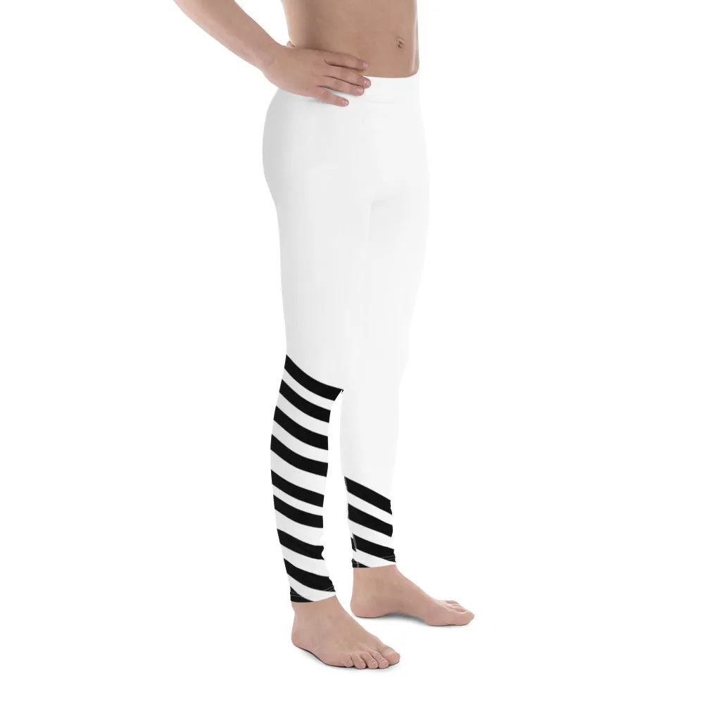 Black White Diagonal Striped Meggings, Men's Tights Meggings Activewear Tights-Made in USA/EU