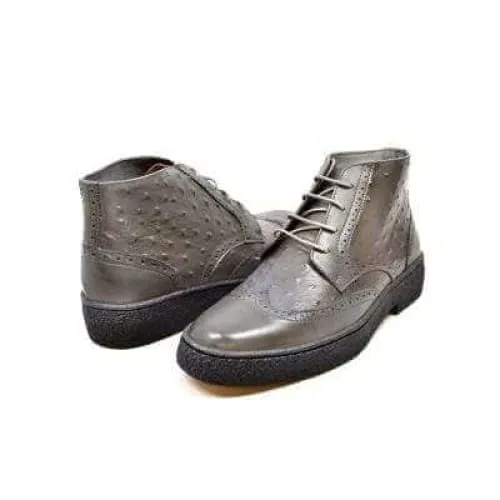 British Walkers Playboy Wingtips Limited Edition Men's Gray Ostrich Leather High Top Boots