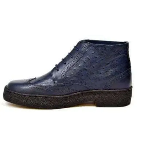 British Walkers Playboy Wingtips Men's Navy Blue Ostrich Leather High Top Boots