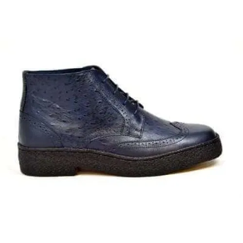 British Walkers Playboy Wingtips Men's Navy Blue Ostrich Leather High Top Boots