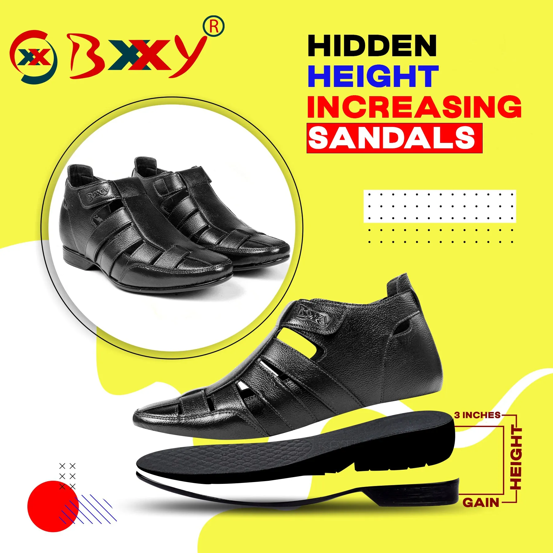 BXXY 3 Inch (7.6 cm) Hidden Height Increasing Casual Roman Sandals for Men ( Instant 3 Inches Hidden Height Gainer )