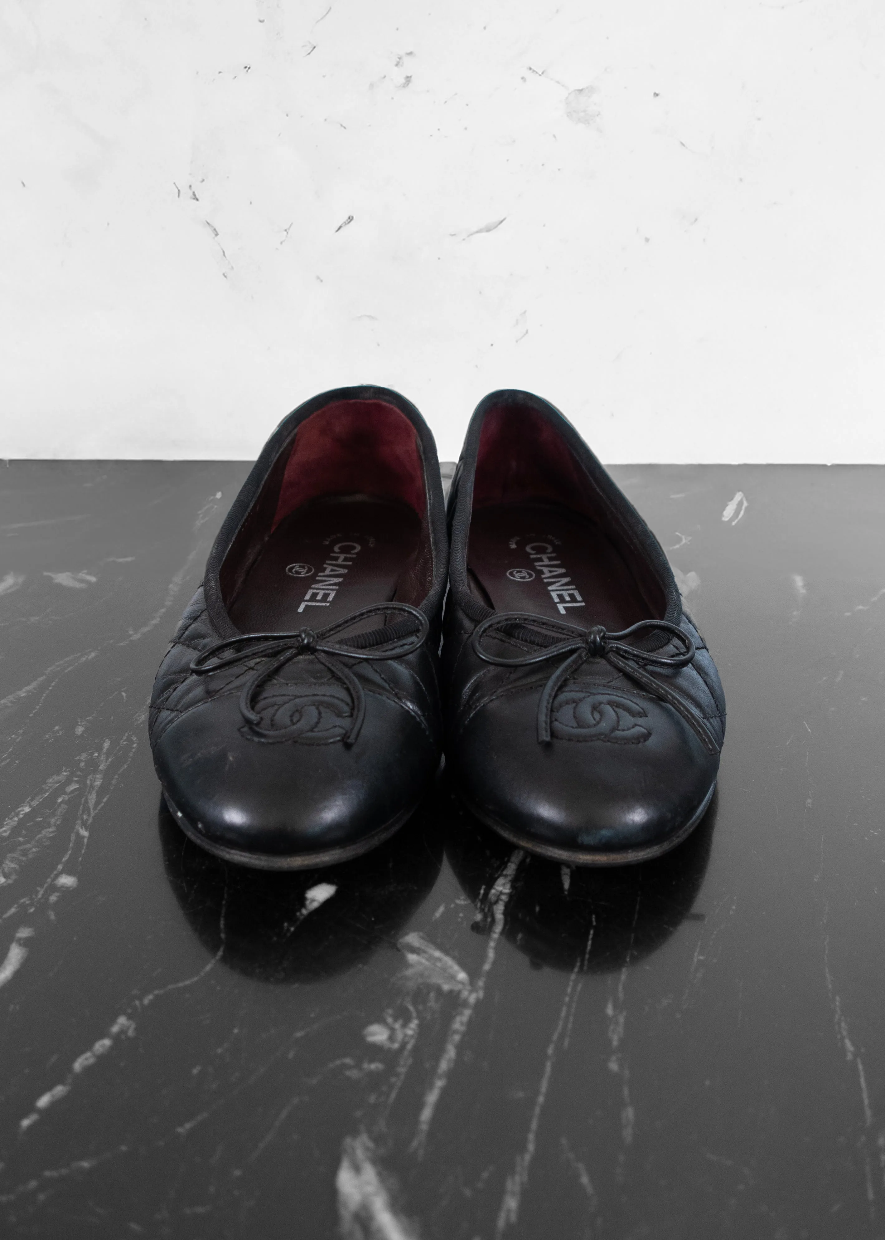 Chanel Black Quilted Leather CC Bow Cap Toe Ballet Flats