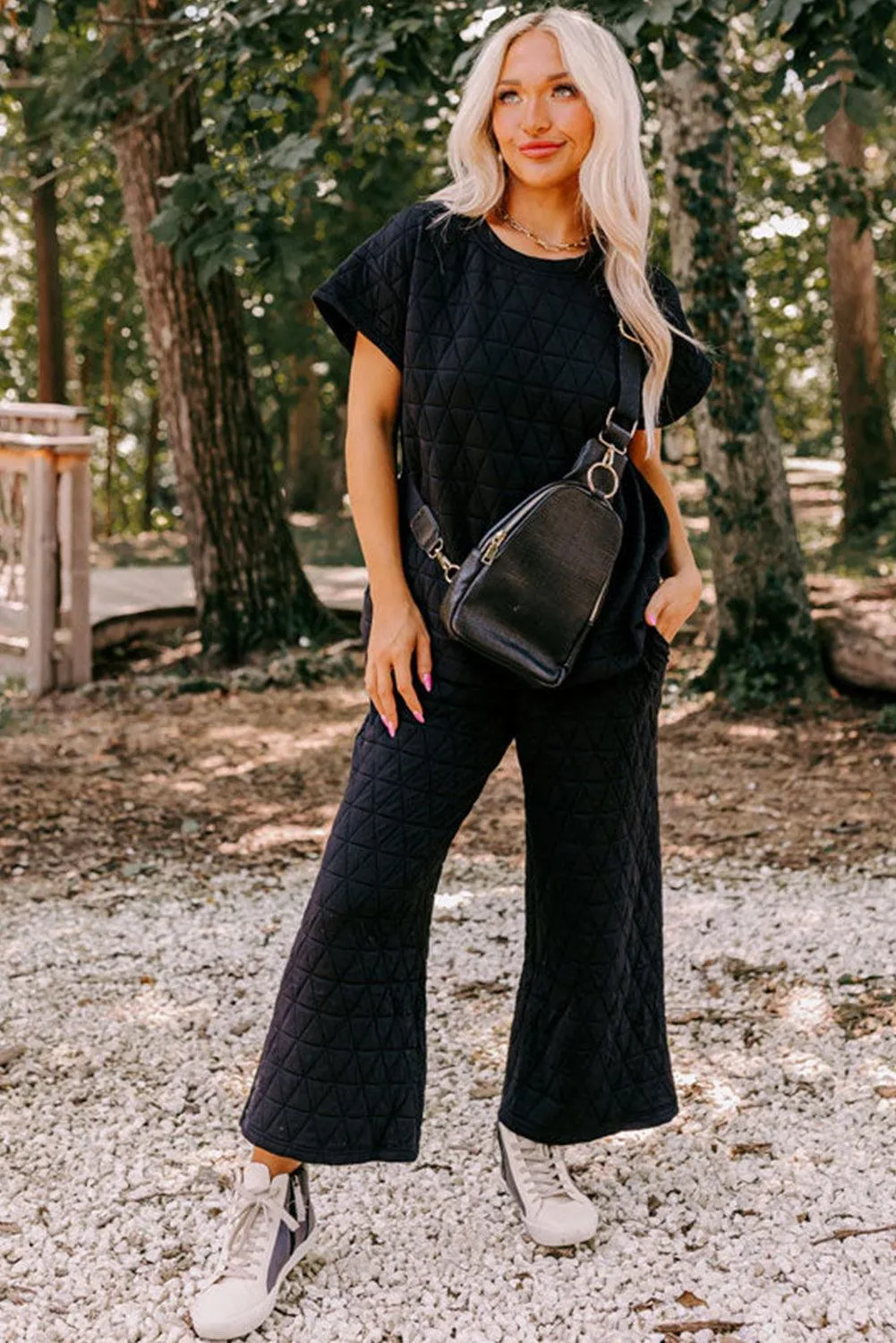 Chic Quilted Black Lounge Set with Wide Leg Pants and Short Sleeve Top