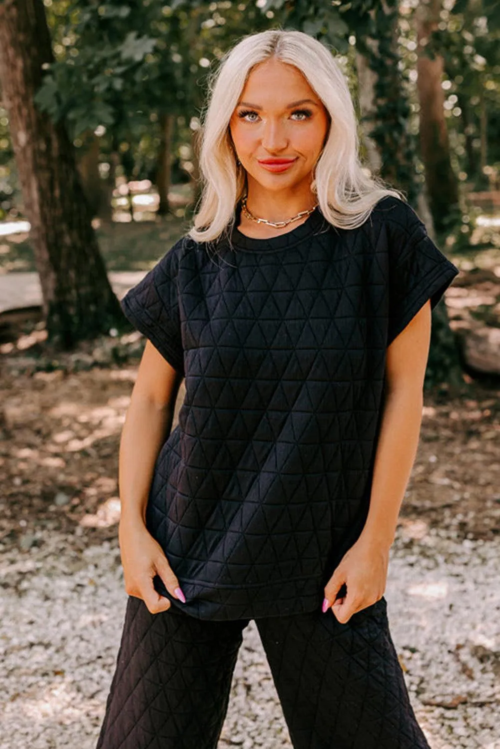 Chic Quilted Black Lounge Set with Wide Leg Pants and Short Sleeve Top